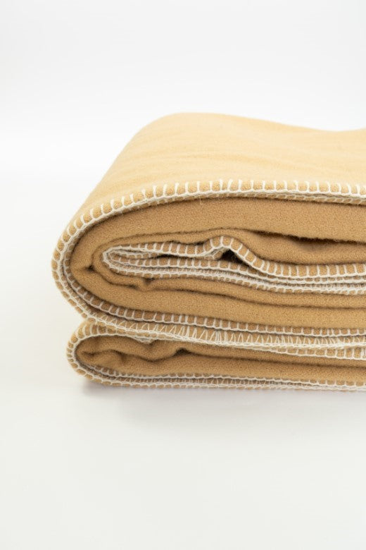 Camel Brown Wool Bed Blanket with Blanket Stitch-Blankets-STABLE of Ireland
