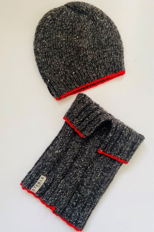 Charcoal Grey Snug with Red Trim-Scarves & Shawls-STABLE of Ireland