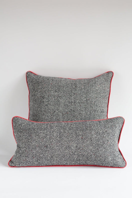 Charcoal Grey Tweed Cushion Piped in Coral Irish Linen-Chair & Sofa Cushions-STABLE of Ireland