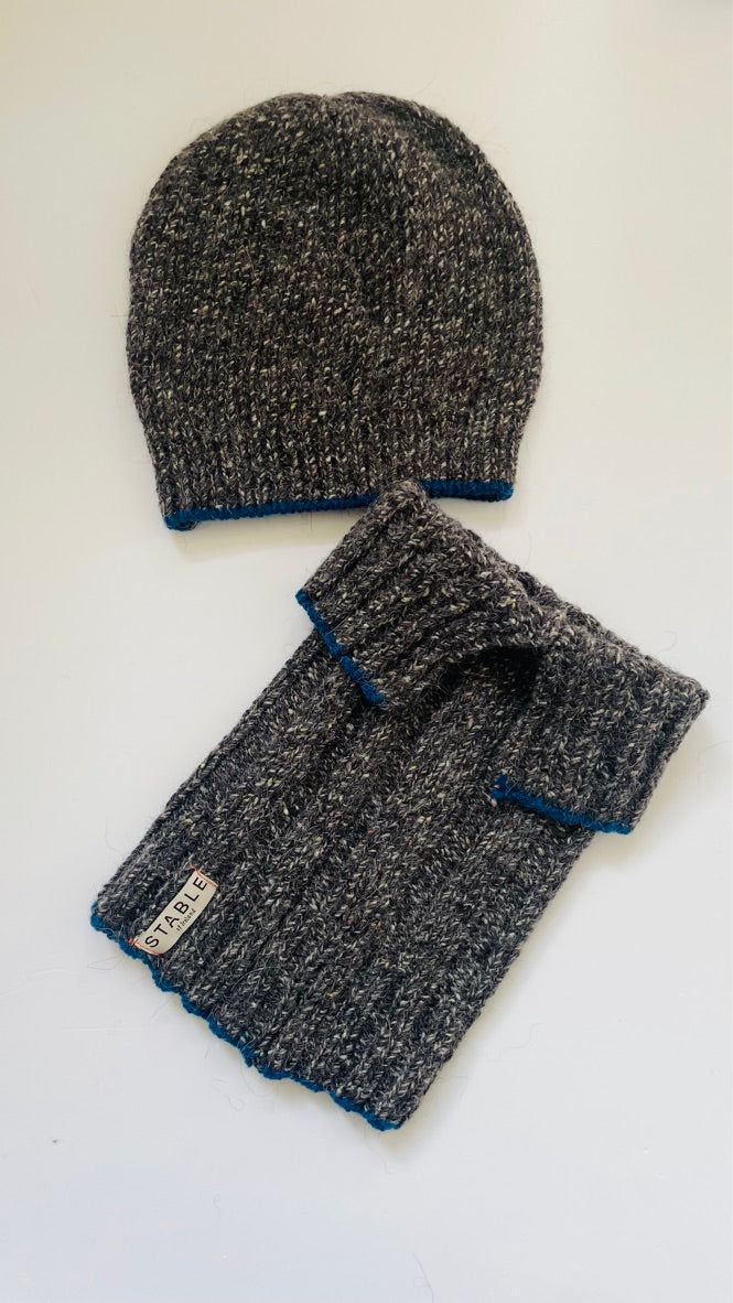 Charcoal Grey with Klein Blue Trim Merino Beanie-Hats-STABLE of Ireland