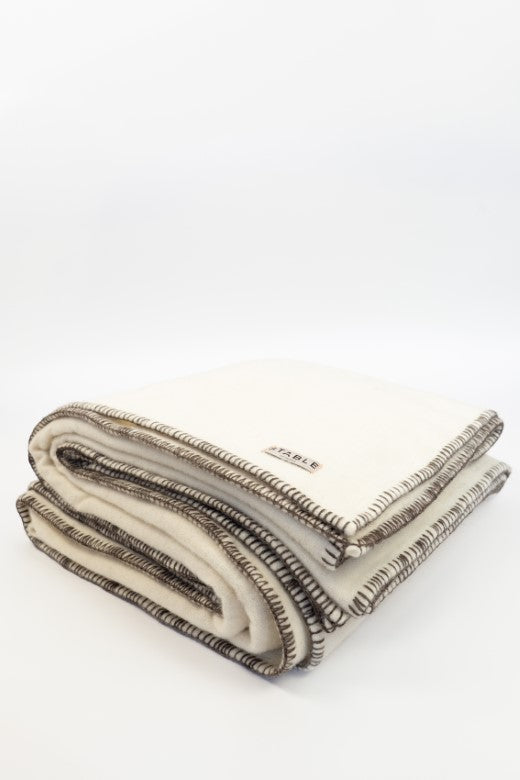 Cream Wool Bed Blanket with Blanket Stitch-Blankets-STABLE of Ireland