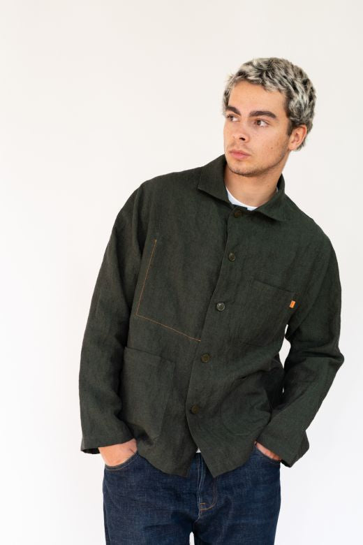 Dark Green Linen Utility Jacket-Coats & Jackets-STABLE of Ireland