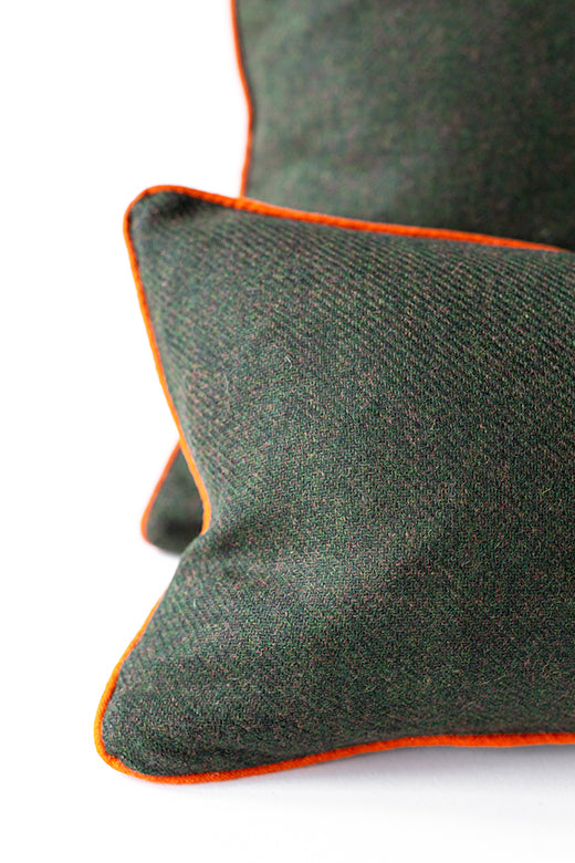 Dark Green Tweed Cushion Piped in Orange Irish Linen-Chair & Sofa Cushions-STABLE of Ireland