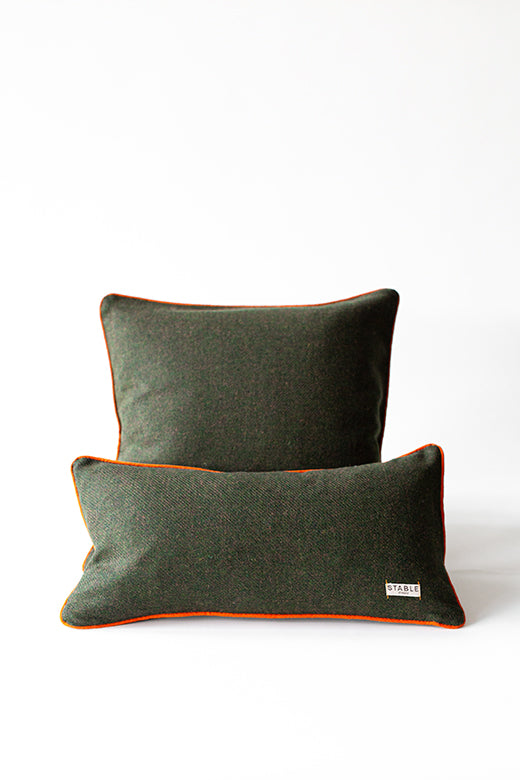 Dark Green Tweed Cushion Piped in Orange Irish Linen-Chair & Sofa Cushions-STABLE of Ireland