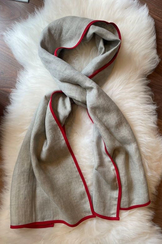 Dove Grey with Red Trim High Five Linen Scarf-Scarves & Shawls-STABLE of Ireland