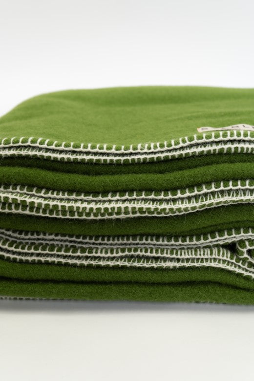 Green Wool Bed Blanket with Blanket Stitch-Blankets-STABLE of Ireland