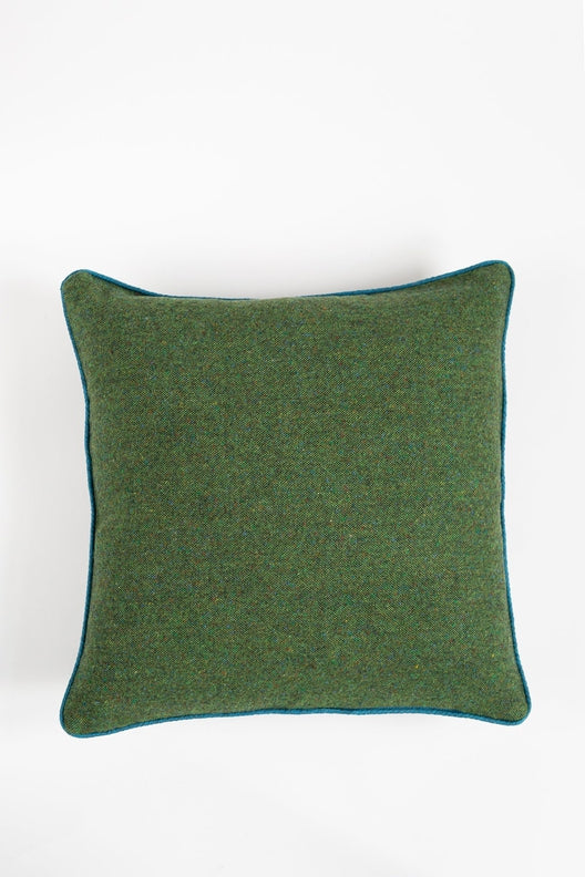 Moss Green Tweed Cushion Piped in Turquoise Irish Linen-Chair & Sofa Cushions-STABLE of Ireland