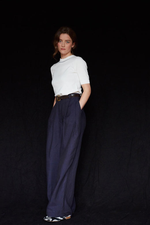 Navy Pleated Wide Irish Linen Trousers-Trousers-STABLE of Ireland