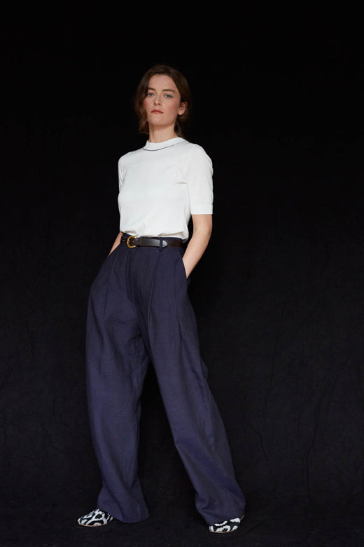 Navy Pleated Wide Irish Linen Trousers-Trousers-STABLE of Ireland