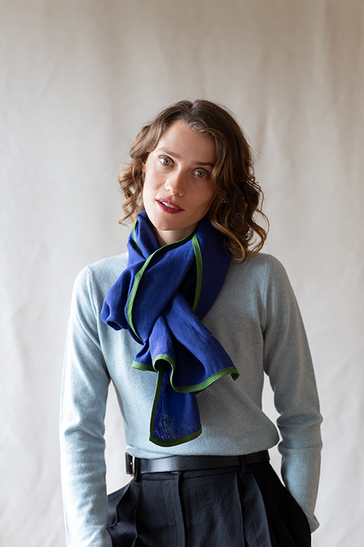 Royal Blue with Green Trim High Five Linen Scarf-Scarves & Shawls-STABLE of Ireland