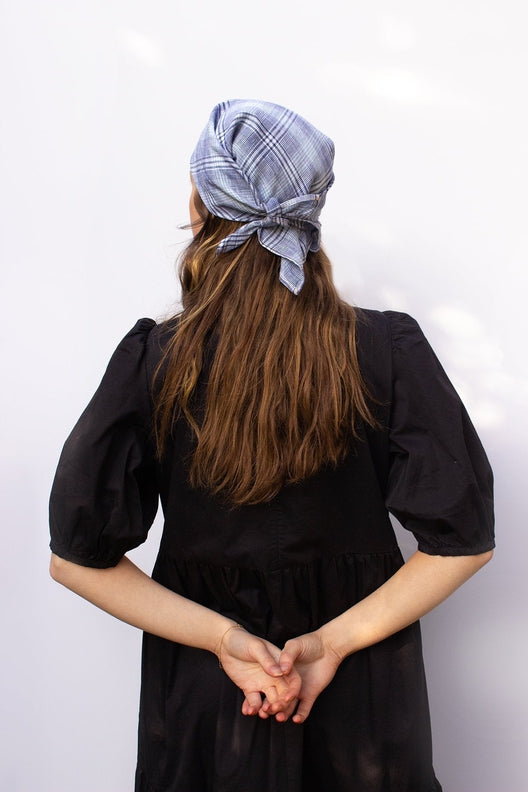 Sky Blue Check Lily Headscarf-Scarves & Shawls-STABLE of Ireland