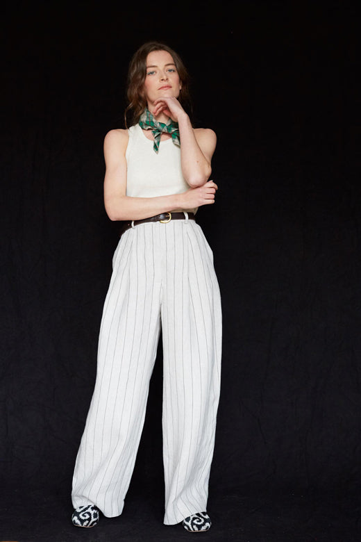 Stripe Pleated Wide Irish Linen Trousers-Trousers-STABLE of Ireland