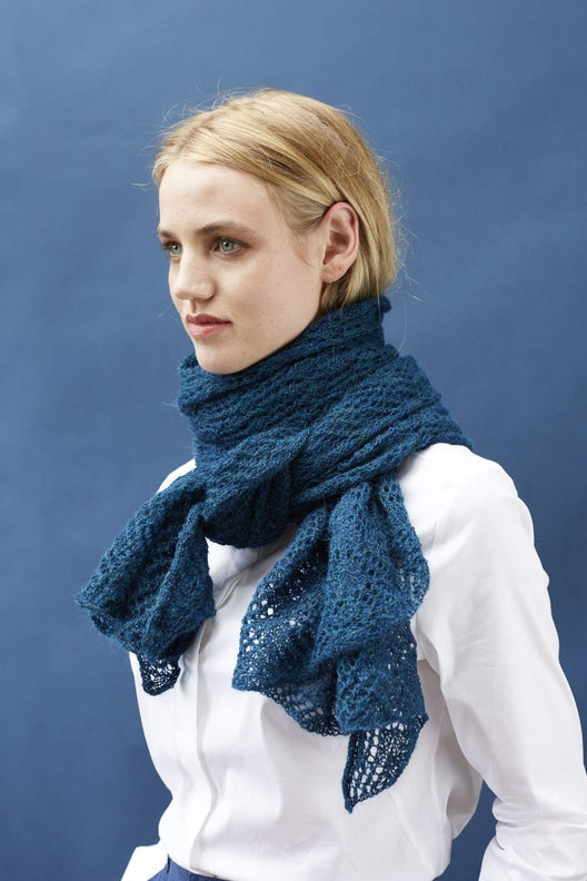 Teal blue alpaca wool scarf featuring intricate Irish lace patterns, handcrafted by Marian for a soft, durable finish.