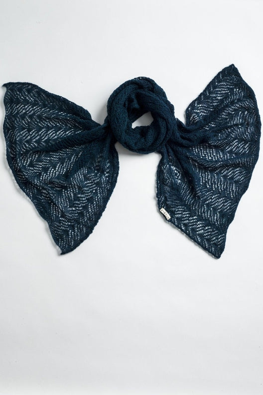 Teal blue alpaca knit scarf featuring intricate Irish lace patterns, handcrafted by Marian for a soft, durable finish.