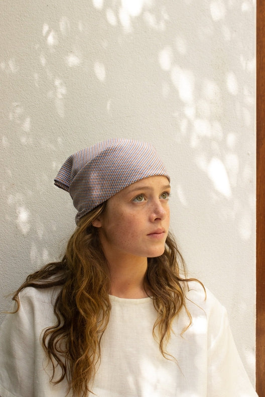 Terracotta Blue Check Lily Headscarf STABLE of Ireland