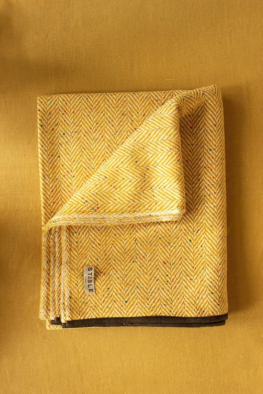 Yellow Herringbone Leather Trimmed Blanket-Blankets-STABLE of Ireland