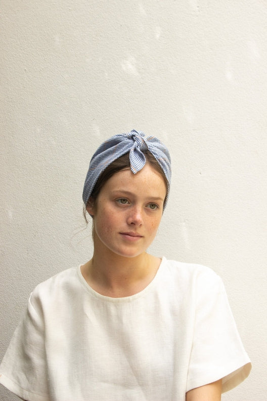 Blue & Terracotta Check Lily Headscarf-Scarves & Shawls-STABLE of Ireland