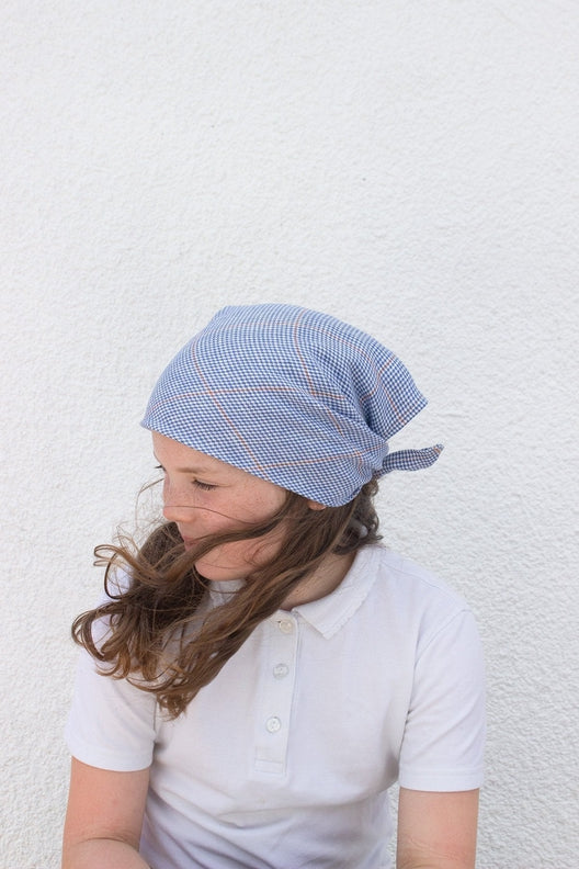 Blue & Terracotta Check Lily Headscarf-Scarves & Shawls-STABLE of Ireland