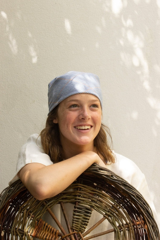 Blue & Terracotta Check Lily Headscarf-Scarves & Shawls-STABLE of Ireland