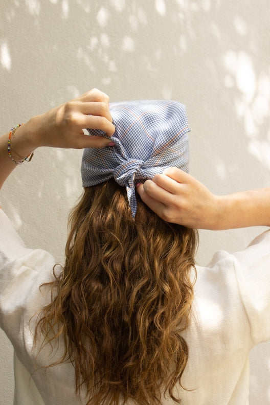 Blue & Terracotta Check Lily Headscarf-Scarves & Shawls-STABLE of Ireland