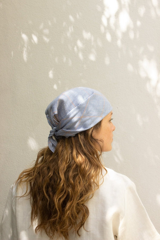 Blue & Terracotta Check Lily Headscarf-Scarves & Shawls-STABLE of Ireland
