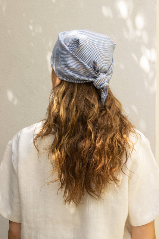 Blue &amp; Terracotta Check Lily Headscarf-Scarves &amp; Shawls-STABLE of Ireland