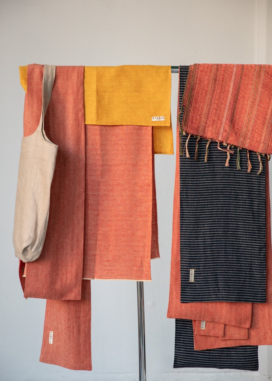 The STABLE Irish Linen Scarf - Tomato Red Herringbone-Scarves & Shawls-STABLE of Ireland