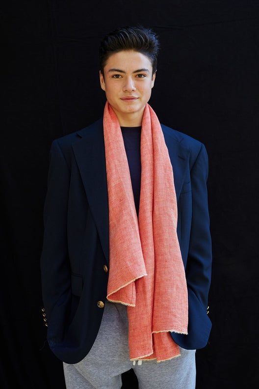 The STABLE Irish Linen Scarf - Tomato Red Herringbone-Scarves & Shawls-STABLE of Ireland